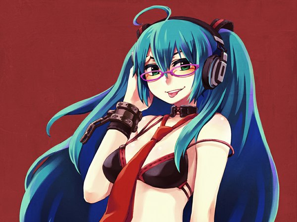 Anime picture 1067x800 with vocaloid hatsune miku ahoge girl glasses necktie headphones