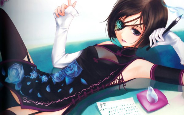 Anime picture 1440x900 with original pixiv fantasia yori (shitsuon) single short hair brown hair wide image purple eyes chinese clothes girl thighhighs black thighhighs detached sleeves eyepatch chinese dress paintbrush calligraphy brush