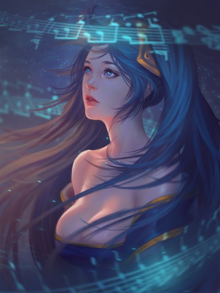 Anime picture 1200x1600 with league of legends sona buvelle naranavy single tall image breasts blue eyes light erotic large breasts twintails bare shoulders blue hair cleavage very long hair parted lips lips realistic teeth lipstick shiny skin