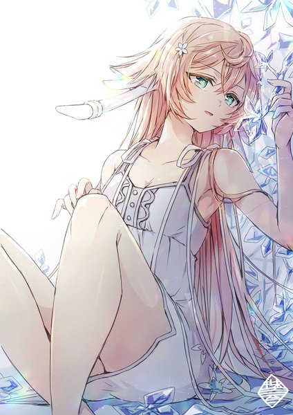 Anime picture 1000x1414 with genshin impact yanfei (genshin impact) physics point single long hair tall image fringe open mouth hair between eyes sitting green eyes looking away pink hair horn (horns) bare legs sleeveless girl dress white dress