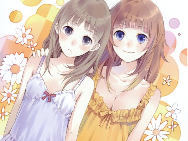 Anime picture 2048x1536 with atelier (series) gust (company) atelier rorona and totori (artbook) totooria helmold rororina fryxell kishida mel long hair highres blue eyes blonde hair smile brown hair multiple girls grey eyes girl flower (flowers) 2 girls sundress