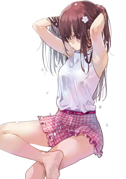 Anime picture 2893x4092 with original pomu (joynet) single long hair tall image blush fringe highres breasts simple background hair between eyes red eyes brown hair white background sitting looking away bent knee (knees) hair flower arms up armpit (armpits)