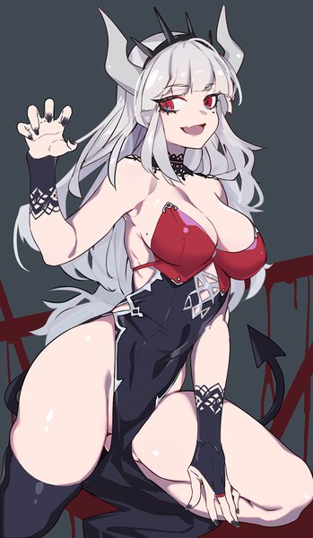 Anime picture 583x1000 with helltaker lucifer (helltaker) xiaoshou xiansheng single long hair tall image looking at viewer fringe breasts open mouth light erotic simple background smile red eyes cleavage bent knee (knees) tail blunt bangs nail polish :d