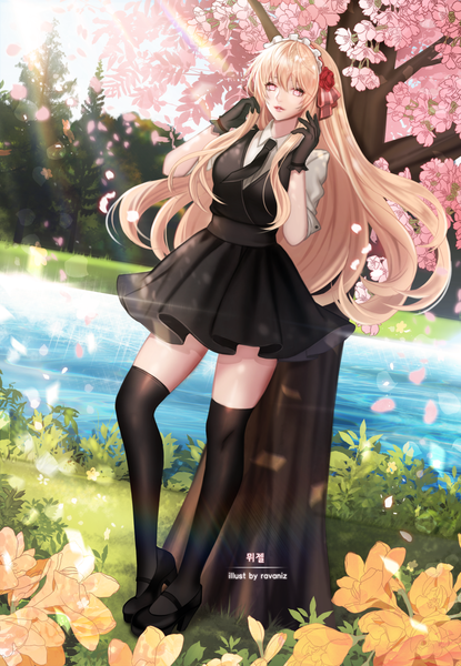 Anime picture 1400x2025 with original ravaniz single long hair tall image looking at viewer fringe blonde hair signed bent knee (knees) outdoors pink eyes sunlight inscription arms up zettai ryouiki cherry blossoms hieroglyph sunbeam river