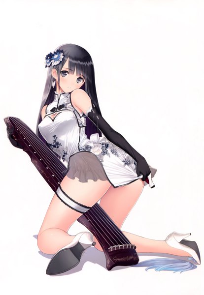 Anime picture 4801x6953 with tony taka single long hair tall image looking at viewer blush highres light erotic black hair white background absurdres traditional clothes black eyes scan chinese clothes girl gloves hair ornament elbow gloves white gloves