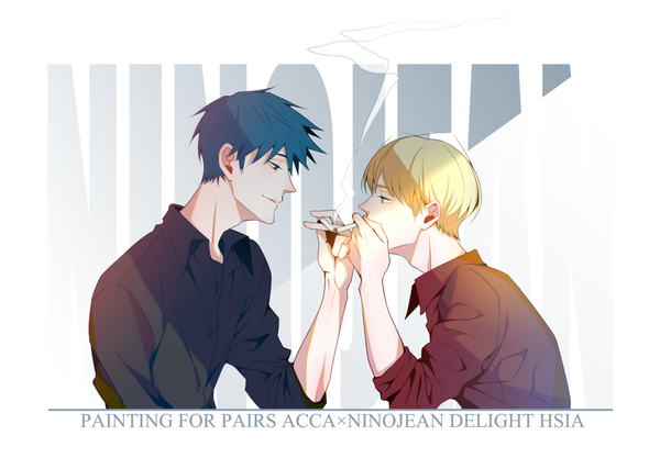Anime picture 1403x1000 with acca 13-ku kansatsu-ka madhouse niino (acca) jean otus delight hsia fringe short hair blue eyes blonde hair white background holding signed blue hair looking away upper body profile light smile multiple boys copyright name character names