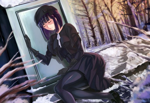 Anime picture 1800x1245 with original kenbuo single highres short hair purple hair eyes closed girl skirt gloves bow plant (plants) pantyhose tree (trees) black pantyhose coat cap