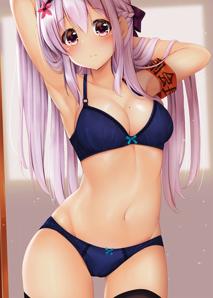 Anime picture 1000x1399 with original minato (ojitan gozaru) single long hair tall image blush fringe breasts light erotic hair between eyes standing brown eyes pink hair cleavage braid (braids) mole arms up underwear only groin adjusting hair