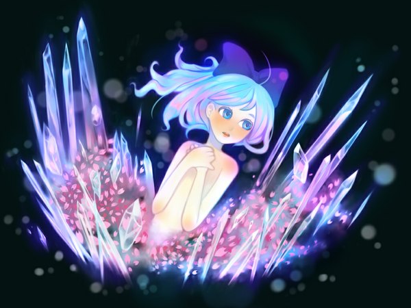 Anime picture 1024x768 with touhou cirno blue eyes light erotic blue hair girl ribbon (ribbons) petals crystal ice mame usagi