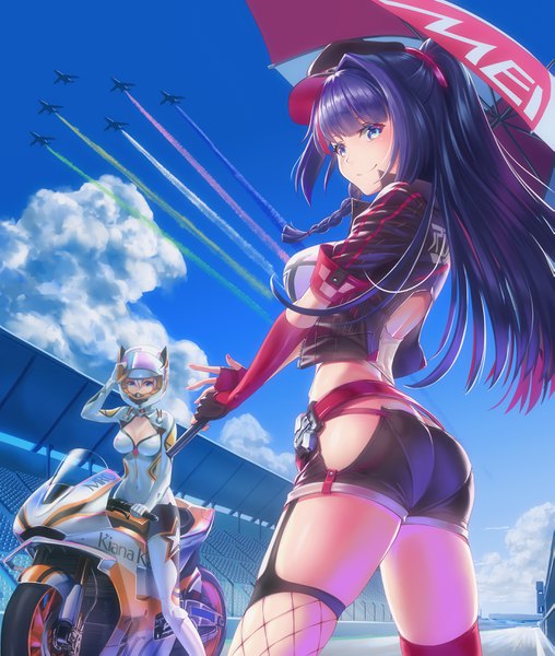 Anime picture 2781x3286 with benghuai xueyuan honkai (series) raiden mei kiana kaslana gotointhepark long hair tall image looking at viewer blush fringe highres breasts blue eyes light erotic smile hair between eyes standing multiple girls holding sky