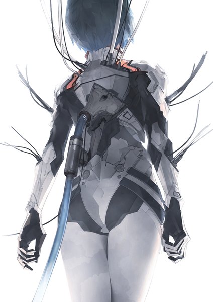 Anime picture 1654x2339 with neon genesis evangelion rebuild of evangelion gainax ayanami rei iwai ryo single tall image highres short hair light erotic simple background white background blue hair ass from behind back girl bodysuit wire (wires) pilot suit