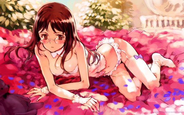 Anime picture 1920x1200 with littlewitch oyari ashito single long hair looking at viewer blush highres breasts light erotic brown hair wide image brown eyes full body reclining girl thighhighs underwear panties petals white thighhighs