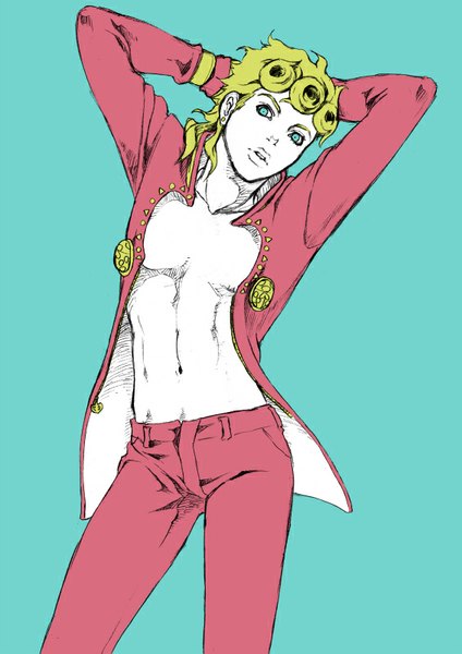 Anime picture 566x800 with jojo no kimyou na bouken giorno giovanna chounorin single long hair tall image simple background blonde hair standing looking away parted lips aqua eyes open clothes bare belly arms behind head aqua background boy navel