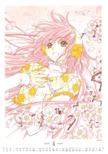 Anime picture 2069x2947 with kobato clamp hanato kobato single tall image highres open mouth simple background smile pink hair pink eyes hair flower wind scan cherry blossoms happy calendar 2010 girl hair ornament flower (flowers)