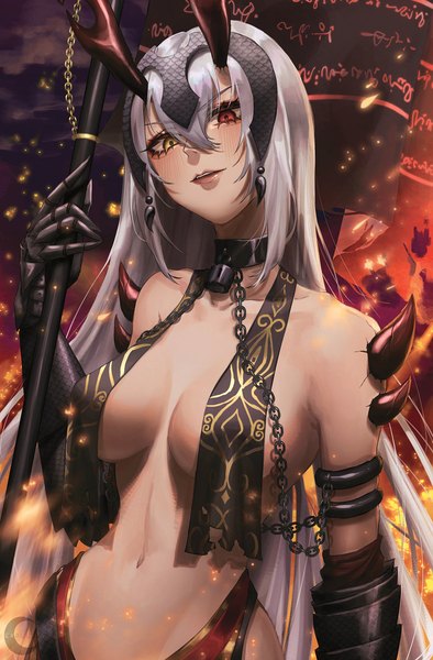 Anime-Bild 800x1217 mit fate (series) fate/grand order jeanne d'arc (fate) (all) jeanne d'arc alter (fate) expulse single long hair tall image looking at viewer blush fringe breasts light erotic hair between eyes red eyes large breasts standing bare shoulders holding yellow eyes