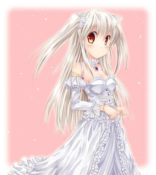 Anime picture 1024x1151 with original fujimoto akio (artist) single long hair tall image looking at viewer blush red eyes ahoge white hair two side up pink background frilled dress girl dress detached sleeves frills white dress detached collar