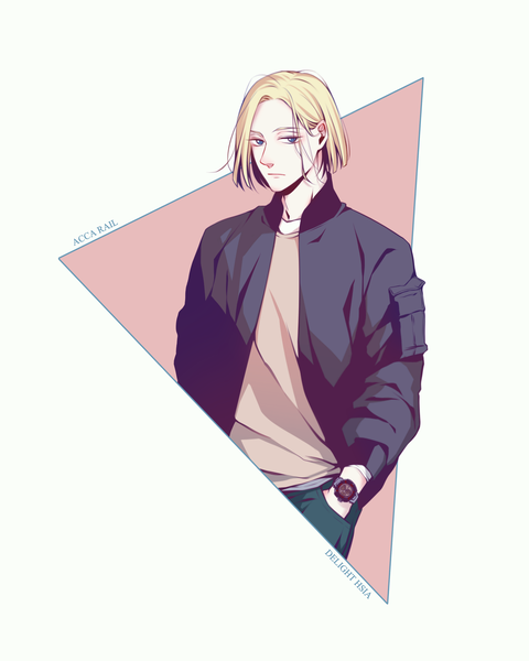 Anime picture 1600x2000 with acca 13-ku kansatsu-ka madhouse rail (acca) delight hsia single tall image looking at viewer fringe short hair blue eyes simple background blonde hair white background signed upper body inscription open jacket copyright name character names hand in pocket