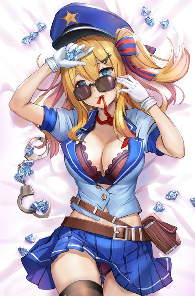 Anime picture 658x1000 with girls frontline kalina (girls frontline) qian wu atai single long hair tall image looking at viewer blush fringe breasts blue eyes light erotic blonde hair smile hair between eyes large breasts holding lying head tilt pleated skirt