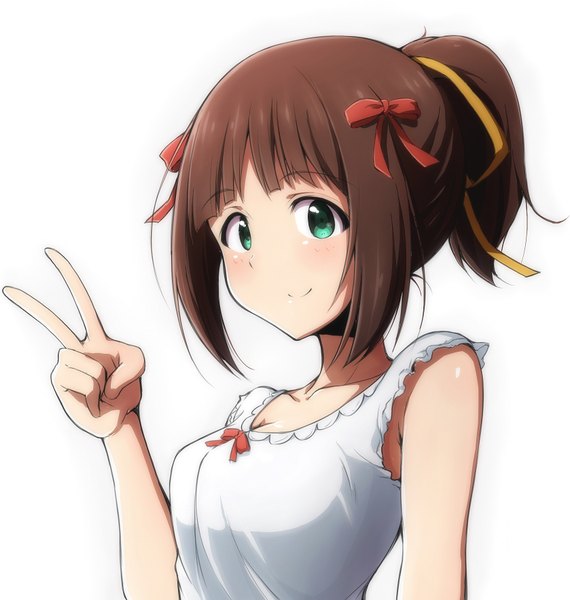 Anime picture 1677x1764 with idolmaster amami haruka rariemonn single tall image black hair simple background smile white background green eyes ponytail victory alternate hairstyle hair up girl bow ribbon (ribbons) hair bow hair ribbon