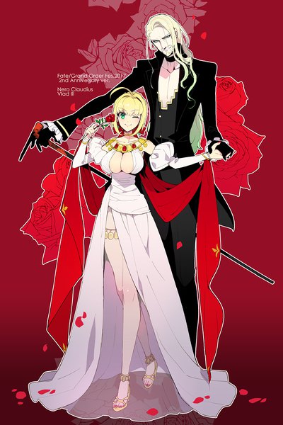 Anime picture 801x1200 with fate (series) fate/stay night fate/apocrypha fate/extra fate/extra ccc nero claudius (fate) nero claudius (bride) (fate) vlad iii (fate/apocrypha) koshiro itsuki long hair tall image looking at viewer fringe short hair light erotic simple background blonde hair smile holding green eyes