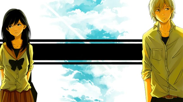 Аниме картинка 1280x720 с оригинальное изображение dzun длинные волосы чёлка короткие волосы голубые глаза чёрные волосы светлые волосы широкое изображение смотрит в сторону небо облако (облака) плиссированная юбка серые глаза руки за спиной закатанные рукава девушка мужчина юбка форма