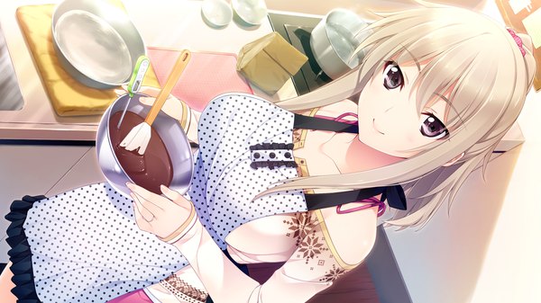 Anime picture 1280x720 with niizuma lovely x cation naruse nono iizuki tasuku single long hair looking at viewer blush fringe blonde hair smile wide image purple eyes payot game cg ponytail from above polka dot cooking girl food