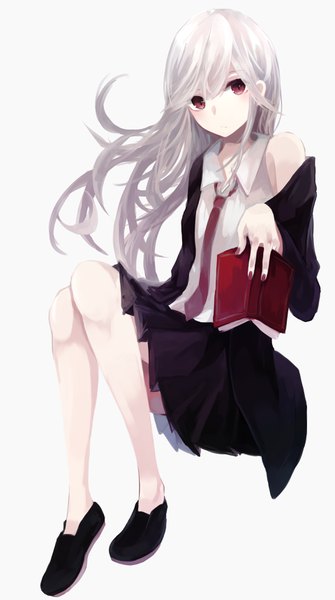 Anime picture 1917x3427 with original roa (ogami ren) ogami ren single long hair tall image looking at viewer fringe highres simple background hair between eyes white background sitting bare shoulders holding silver hair full body bent knee (knees) nail polish head tilt