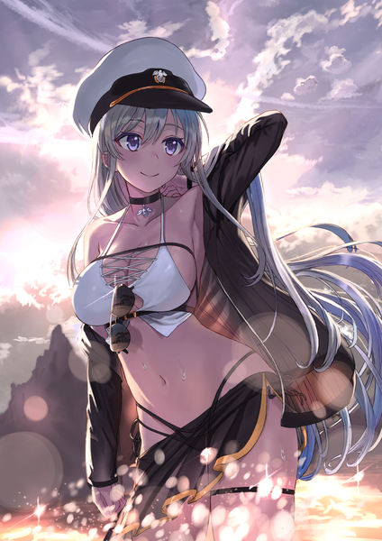 Anime picture 1240x1754 with azur lane enterprise (azur lane) jjeono single long hair tall image blush fringe breasts light erotic smile hair between eyes large breasts standing purple eyes looking away sky cleavage silver hair cloud (clouds)