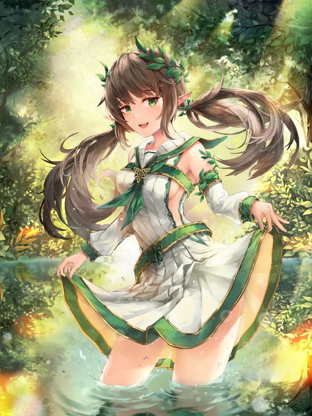 Anime picture 3000x4000 with original crystalherb single long hair tall image looking at viewer blush fringe highres breasts open mouth light erotic smile hair between eyes brown hair twintails holding green eyes payot :d