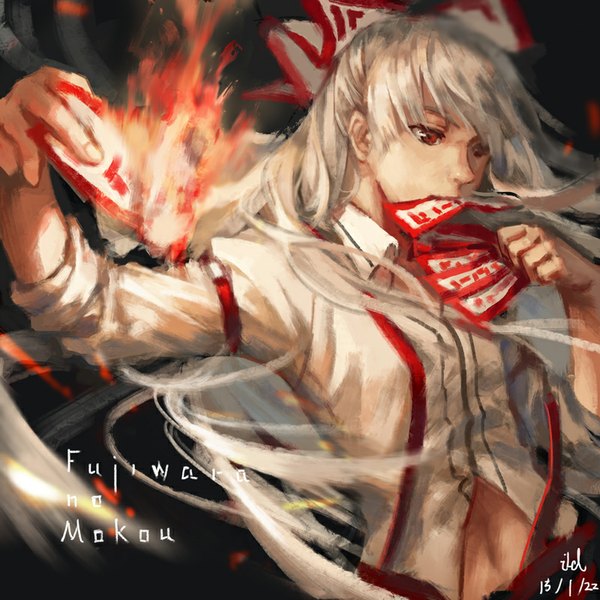 Anime picture 800x800 with touhou fujiwara no mokou untitiled single long hair fringe red eyes looking away white hair close-up girl bow hair bow shirt fire suspenders