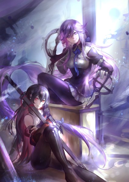 Anime picture 1188x1680 with original pixiv fantasia pixiv fantasia t noodles (artist) long hair tall image looking at viewer breasts smile red eyes sitting purple eyes multiple girls holding purple hair very long hair head tilt girl gloves ribbon (ribbons)