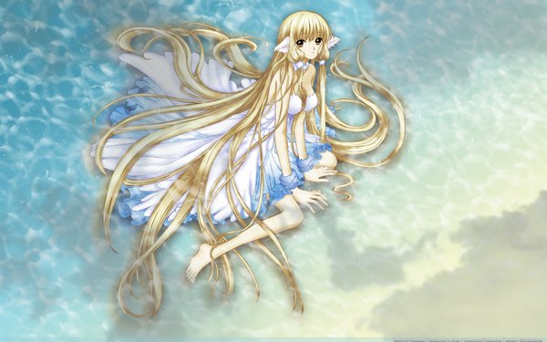 Anime picture 1920x1200 with chobits chii single long hair highres blonde hair wide image brown eyes very long hair dress water white dress