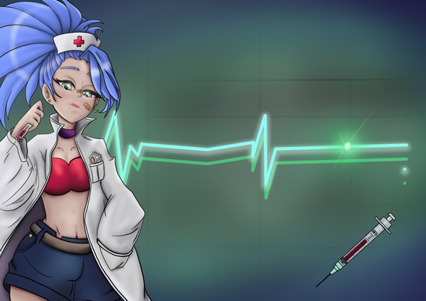 Anime picture 7016x4961 with original rainbow d fox single long hair looking at viewer blush fringe highres simple background standing holding green eyes blue hair absurdres open clothes lipstick hand in pocket pink lipstick nurse asymmetrical hair