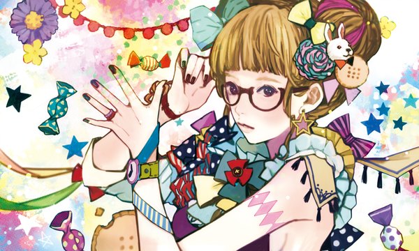 Anime picture 1664x1000 with original 24 (artist) single long hair red eyes brown hair wide image looking away nail polish hair flower colorful girl hair ornament earrings glasses food sweets star (symbol) ring candy