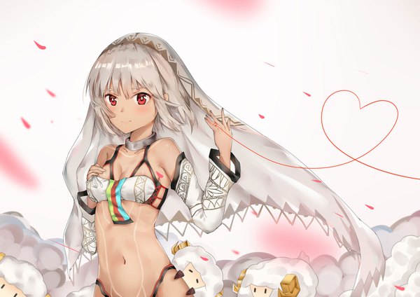 Anime picture 1754x1240 with fate (series) fate/grand order altera (fate) yuuki mix single looking at viewer blush fringe highres short hair breasts light erotic simple background smile hair between eyes red eyes standing white background bare shoulders silver hair