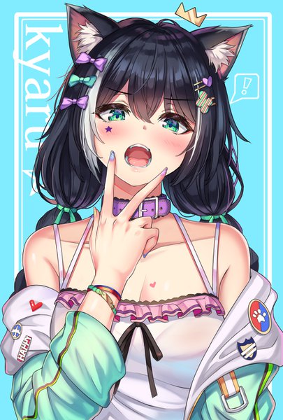 Anime picture 879x1300 with princess connect! re:dive princess connect! karyl (princess connect!) cenangam single long hair tall image looking at viewer blush fringe breasts open mouth black hair hair between eyes twintails bare shoulders green eyes animal ears payot cleavage
