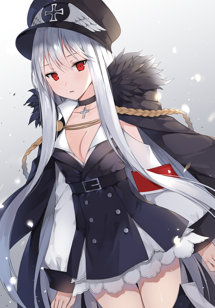 Anime-Bild 1000x1429 mit girls frontline kar98k (girls frontline) canape (canape0130) single long hair tall image looking at viewer fringe breasts hair between eyes red eyes cleavage silver hair military girl uniform choker belt cape cross