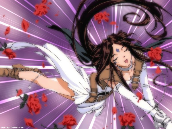 Anime picture 1024x768 with aa megami-sama anime international company peorth long hair brown hair facial mark forehead mark flower (flowers) rose (roses) red rose
