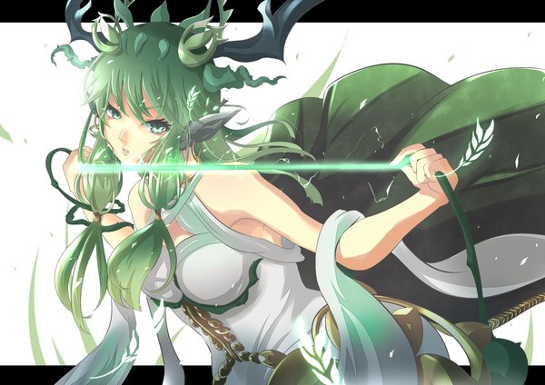Anime picture 1400x990 with puzzle & dragons ceres (p&d) endou (zettai bluenoid) single long hair fringe breasts blue eyes twintails bare shoulders horn (horns) green hair girl hair ornament weapon plant (plants) cloak huge weapon