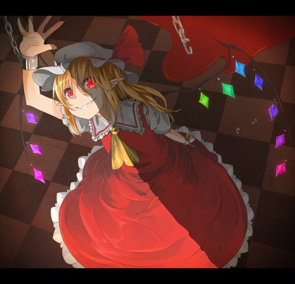 Anime picture 1400x1350 with touhou flandre scarlet ibuki notsu single looking at viewer short hair blonde hair smile red eyes pointy ears checkered floor girl dress wings blood chain bonnet crystal shackles