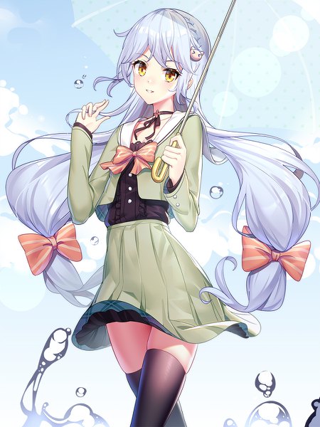 Anime picture 900x1200 with original saegusa riko ririko (zhuoyandesailaer) single long hair tall image looking at viewer blush fringe smile standing twintails holding yellow eyes payot sky silver hair braid (braids) long sleeves parted lips