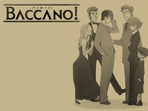 Anime picture 1600x1200 with baccano! firo prochainezo miria harvent isaac dian ennis czeslaw meyer maiza avaro short hair open mouth smile bare shoulders eyes closed profile embarrassed hand in pocket laughing sidewhiskers sepia dress glasses