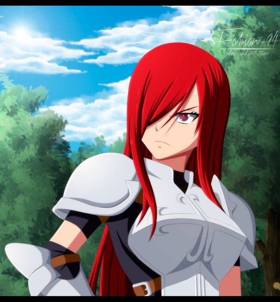 Anime picture 1080x1167 with fairy tail erza scarlet fabiansm single long hair tall image fringe sky cloud (clouds) red hair pink eyes sunlight hair over one eye coloring letterboxed girl plant (plants) tree (trees) armor forest