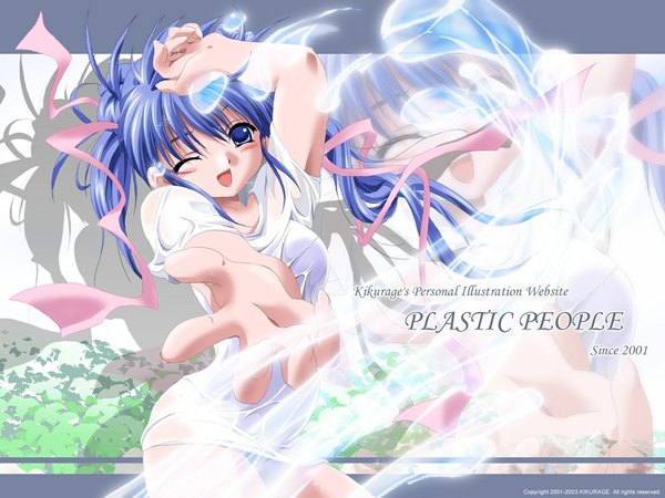 Anime picture 1024x768 with long hair open mouth blue hair one eye closed wink outstretched arm ;d girl ribbon (ribbons) hair ribbon t-shirt plastic people