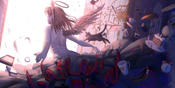 Anime picture 1920x978 with original ji dao ji single long hair fringe highres brown hair wide image eyes closed from behind sleeveless lipstick spread arms bare back angel wings black wings revision angel gate girl