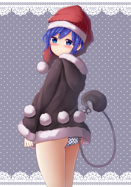 Anime picture 2549x3624 with touhou doremy sweet suigetsu (watermoon-910) single tall image looking at viewer blush highres short hair blue eyes light erotic standing blue hair ass tail long sleeves animal tail from behind embarrassed fur trim