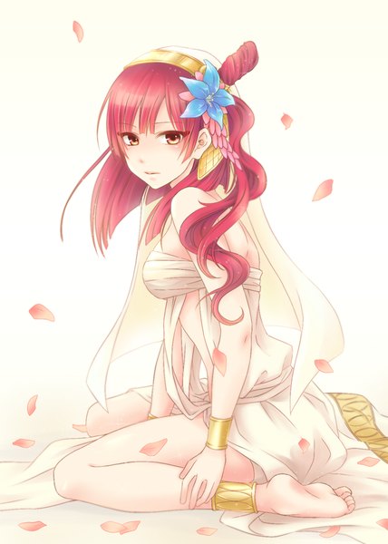 Anime picture 713x1000 with magi the labyrinth of magic a-1 pictures morgiana red sakura long hair tall image looking at viewer simple background red eyes white background pink hair traditional clothes hair flower girl dress hair ornament flower (flowers) petals bracelet