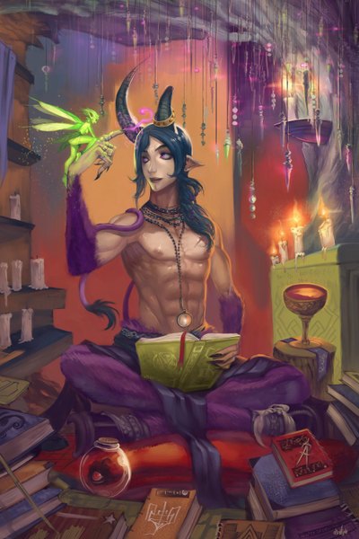 Anime picture 1000x1500 with original satyr elsevilla long hair tall image short hair smile sitting purple eyes blue hair tail animal tail pink eyes horn (horns) pointy ears couple crossed legs magic face to face fantasy
