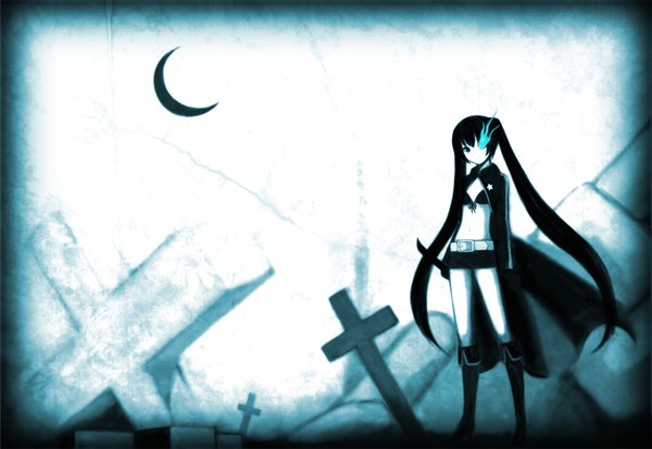 Anime picture 1585x1092 with black rock shooter black rock shooter (character) single long hair blue eyes black hair twintails glowing glowing eye (eyes) crescent girl sword shorts boots moon cross coat bikini top