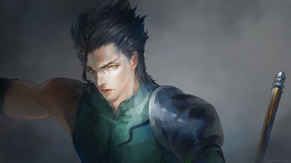 Anime picture 1920x1080 with fate (series) fate/zero type-moon diarmuid ua duibhne (lancer) (fate) jane mere single highres short hair black hair wide image signed yellow eyes realistic grey background boy weapon armor